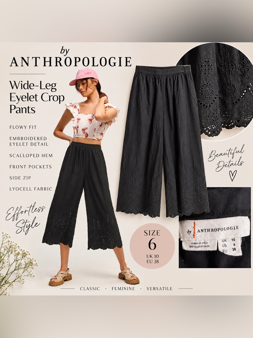 By Anthropologie Black Eyelet Wide Leg Crop Culotte Pants Sz 6